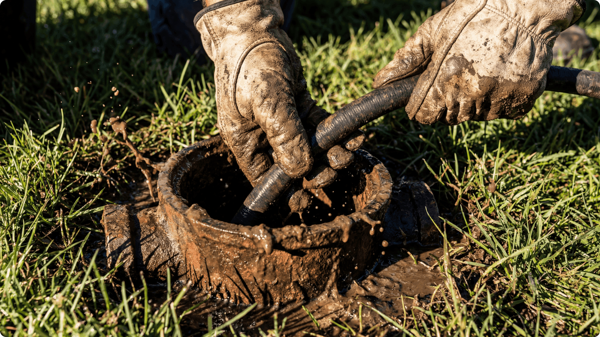 Professional plumber using a hydro jetting hose to clean a clogged residential sewer line, with muddy gloves and exposed pipe in a grassy front yard.
