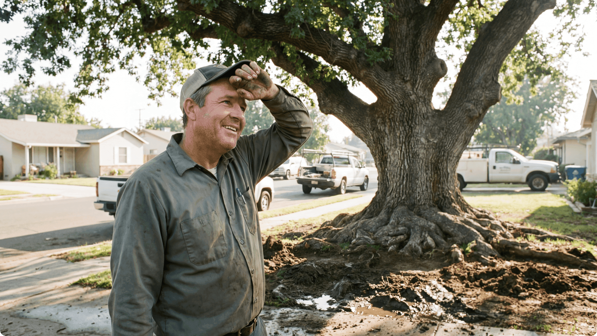 Smiling professional plumber inspecting tree root damage to underground sewer lines in a suburban front yard, with service truck in background.