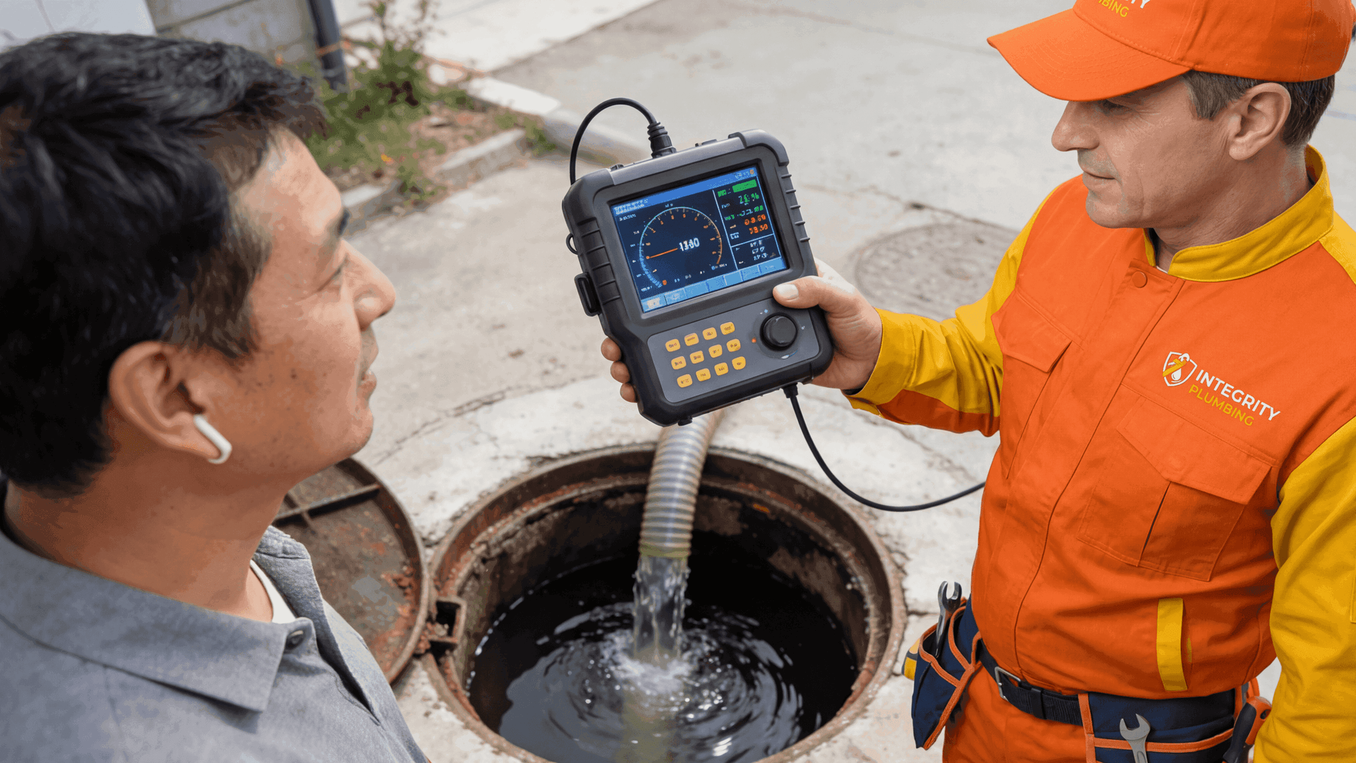 Plumber performing sewer line inspection: Worker in Integrity Plumbing uniform uses a high-tech diagnostic device to check an underground manhole, displaying live data for pipe maintenance diagnostics