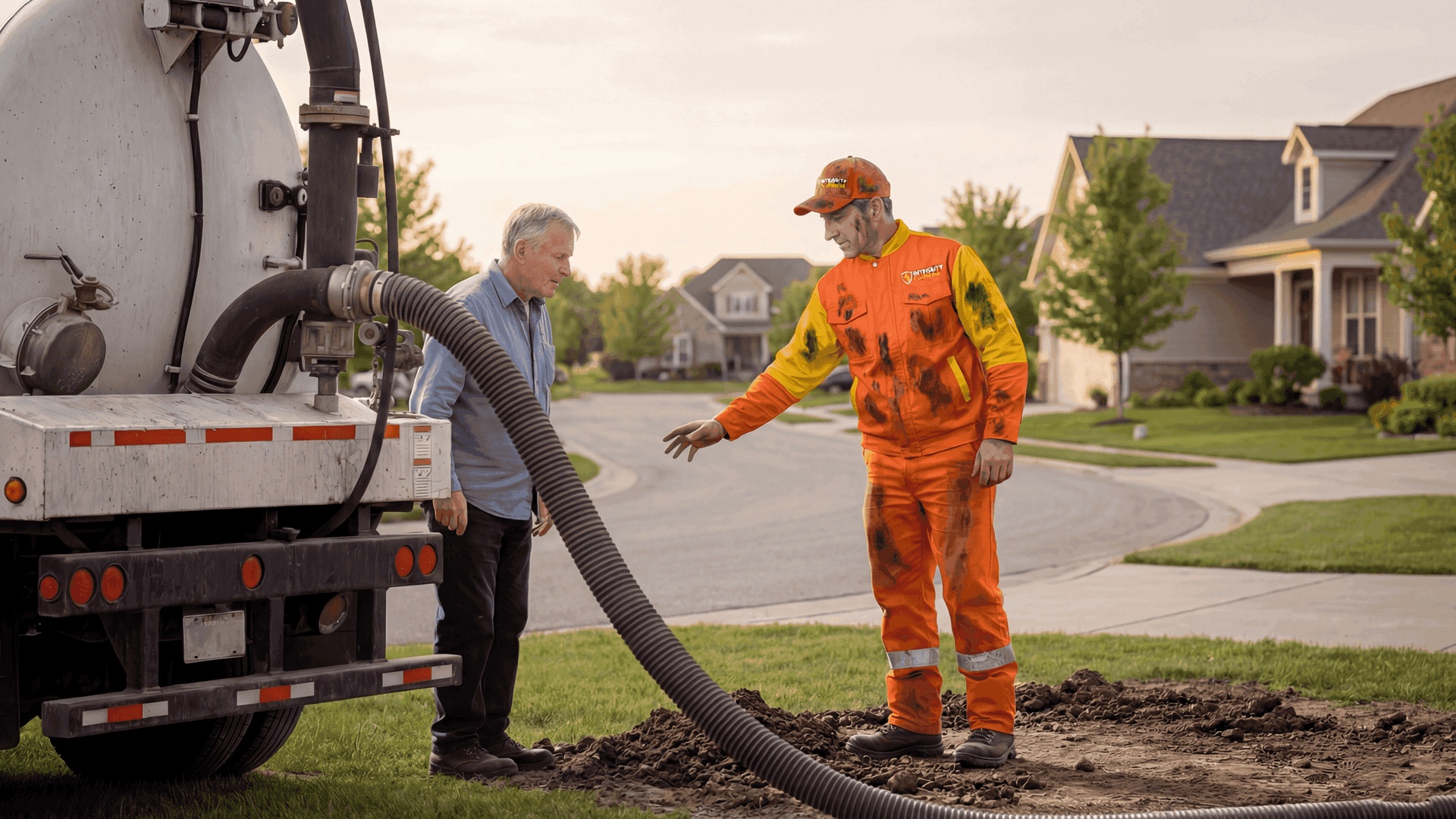 Professional septic tank pumping service: A plumber from Integrity Plumbing uses a vacuum truck hose to pump waste, explaining the process to a homeowner in a suburban neighborhood.
