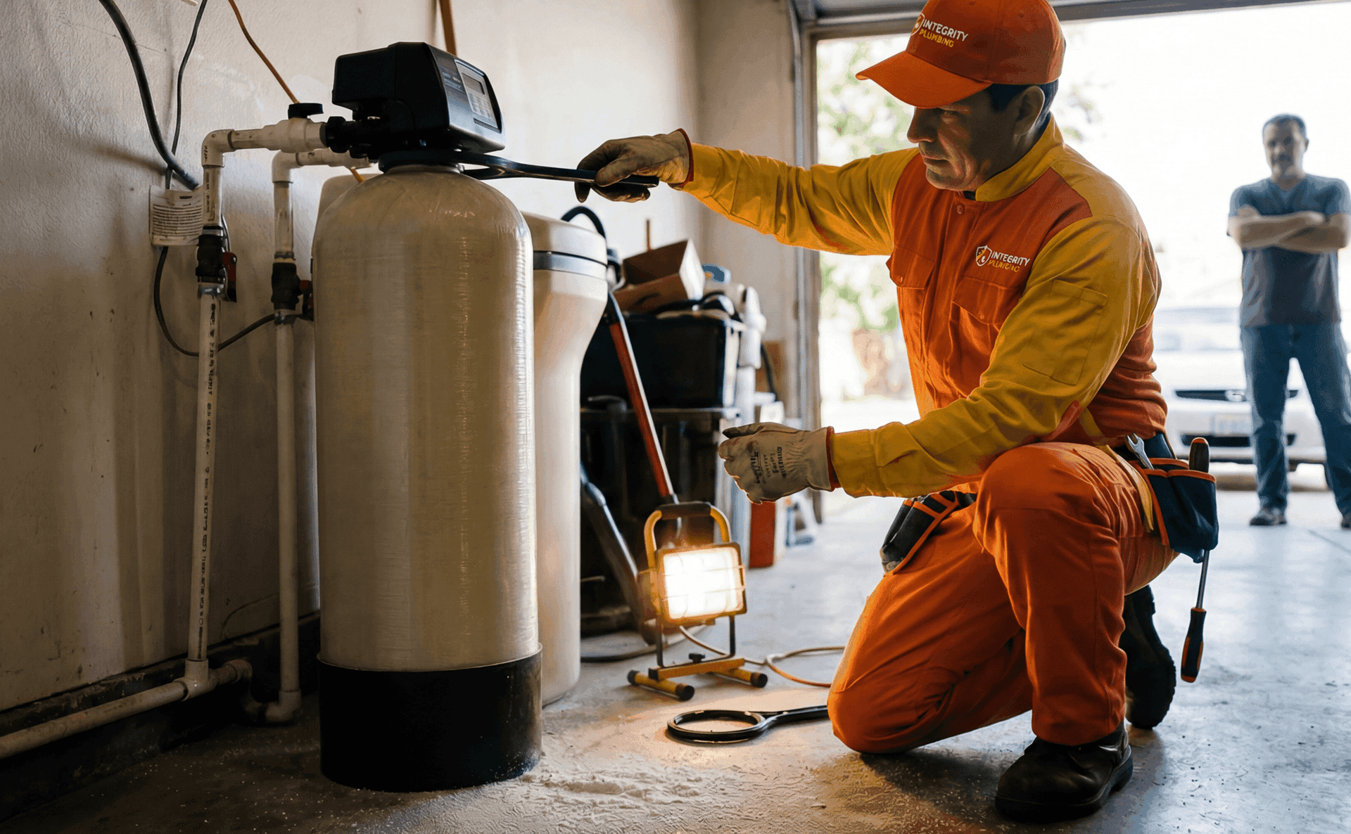 Integrity Plumbing technician in orange uniform repairing a water softener system in a residential garage, with a homeowner observing in the background