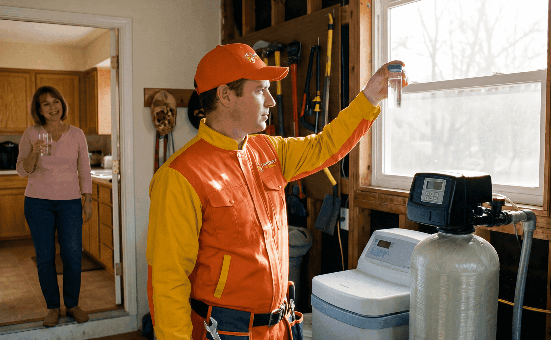 Integrity Plumbing technician testing water quality with a sample vial next to a residential water softener, while a homeowner drinks clean water in the background