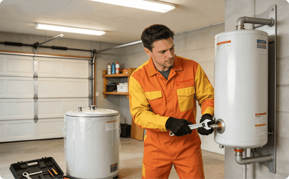 Professional plumber in orange uniform installing a white wall-mounted electric water heater in a garage, using a wrench