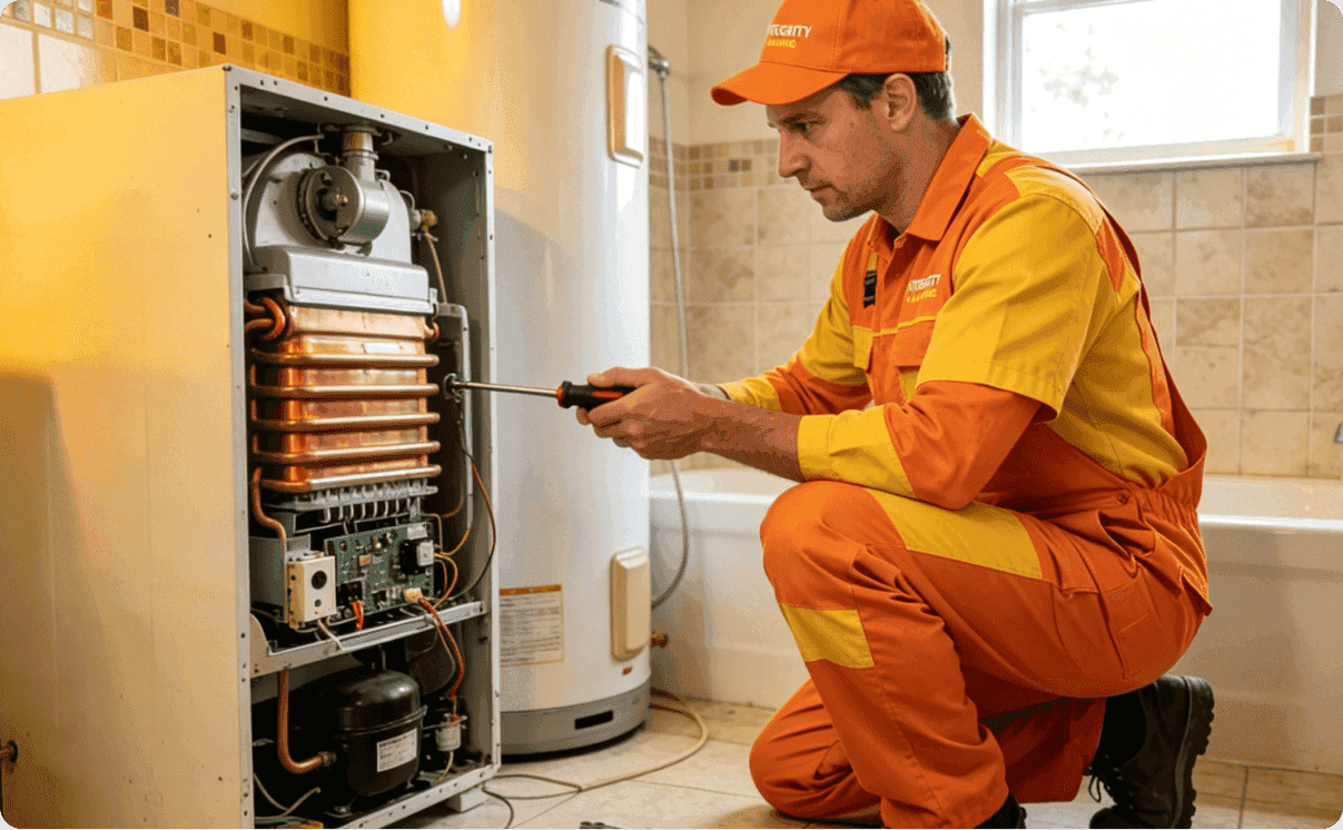 Plumber in orange workwear repairing or installing a residential water heater in a garage with tools, Integrity Plumbing service