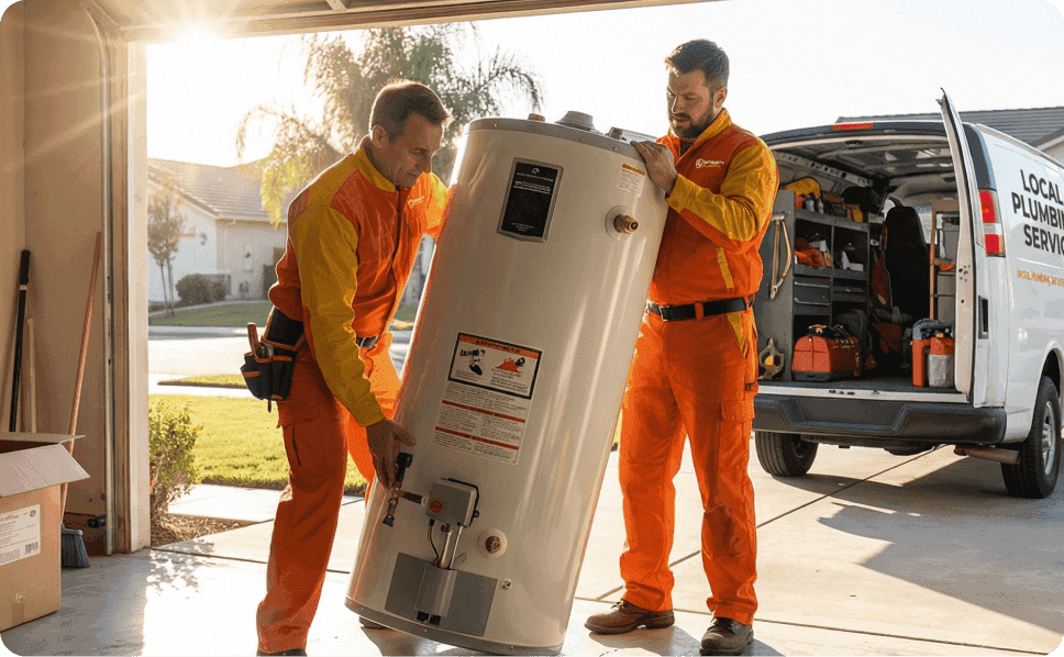 Local Fresno plumbing technicians delivering and installing a new water heater, reliable residential plumbing service
