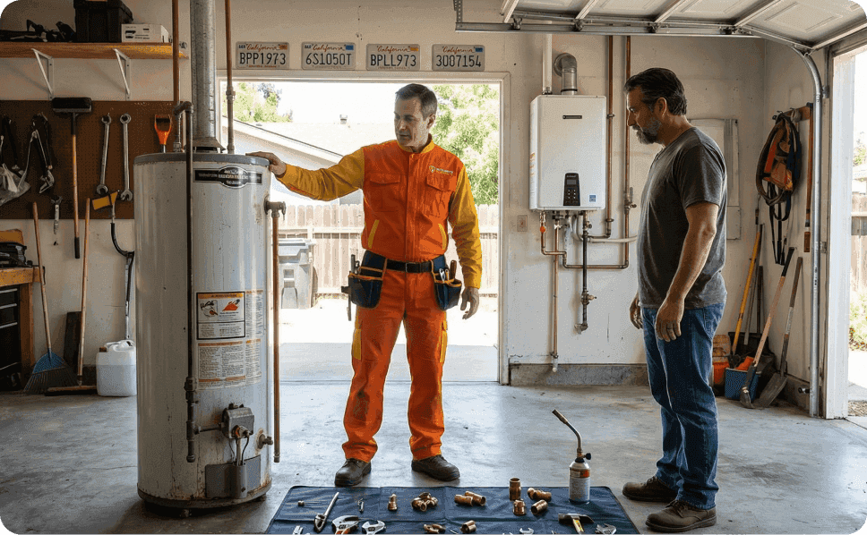 Local Fresno plumber consulting with a homeowner about replacing an old water heater in their garage