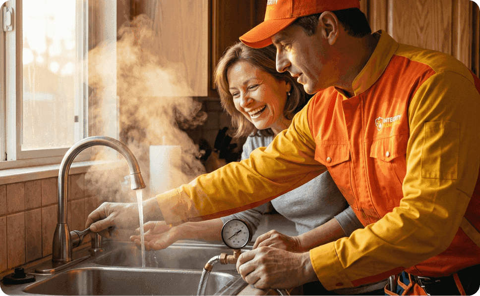 Local Fresno plumber demonstrating reliable hot water service to a happy homeowner at kitchen sink