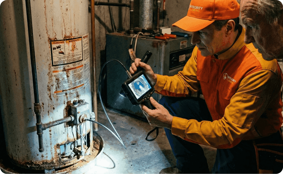 Professional plumber inspecting a rusted residential water heater using a digital borescope camera for integrity plumbing services