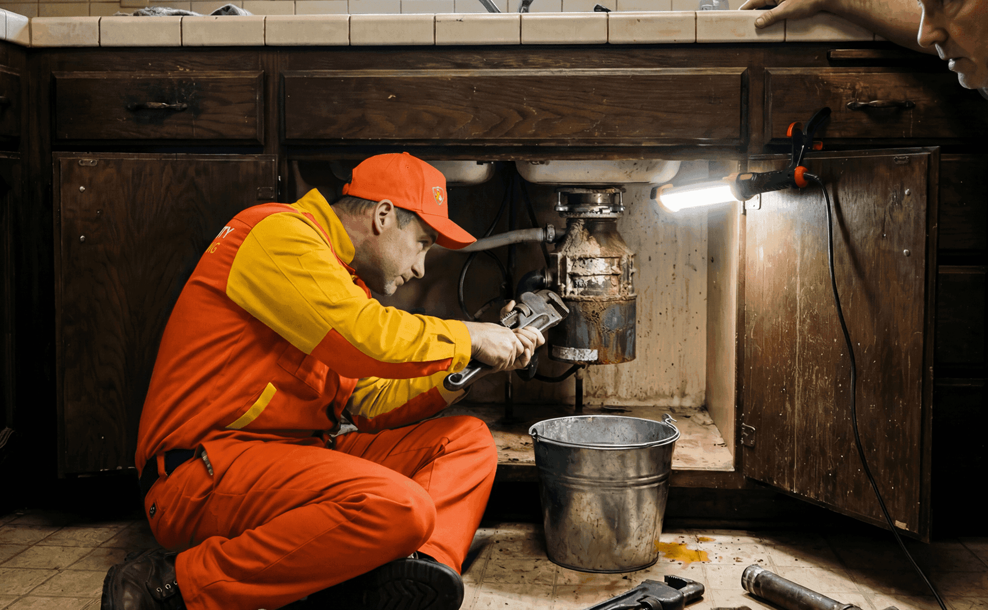 Male technician in orange uniform fixing clogged garbage disposal with pipe wrench