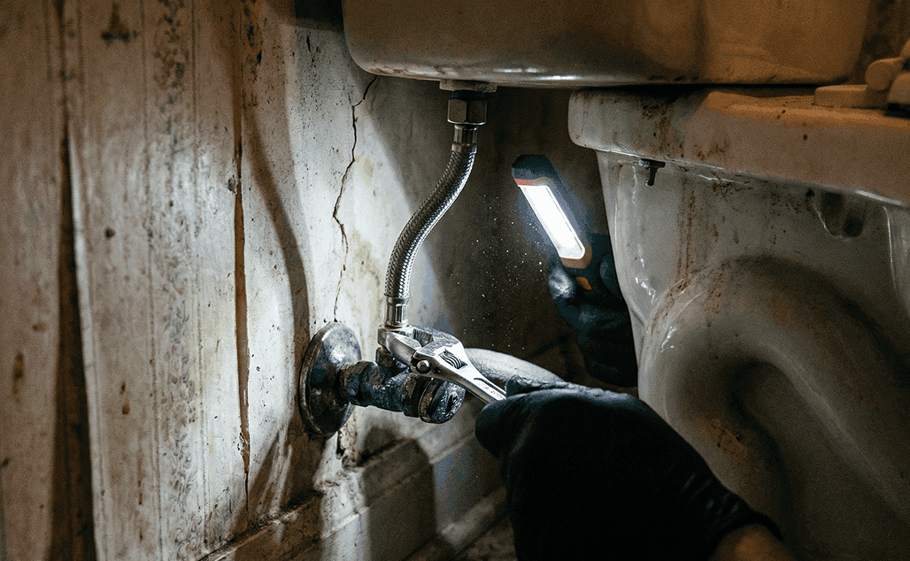 plumber-repairing-toilet-water-supply-line-with-wrench-and-flashlight-in-old-bathroom-during-emergency-plumbing-service