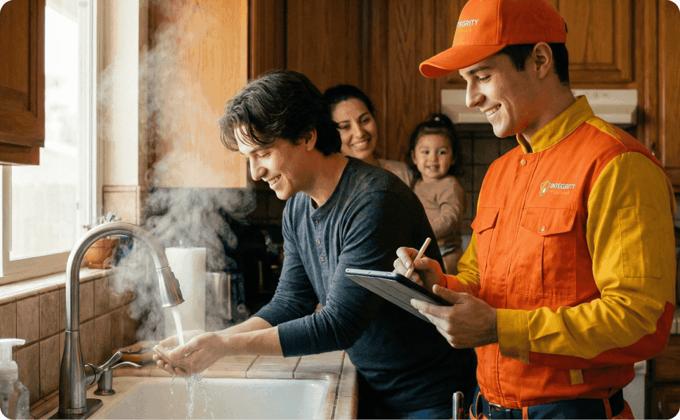 Happy family testing hot water at kitchen sink after plumbing service, Integrity Plumbing technician holding tablet to inspect residential water heater repair work