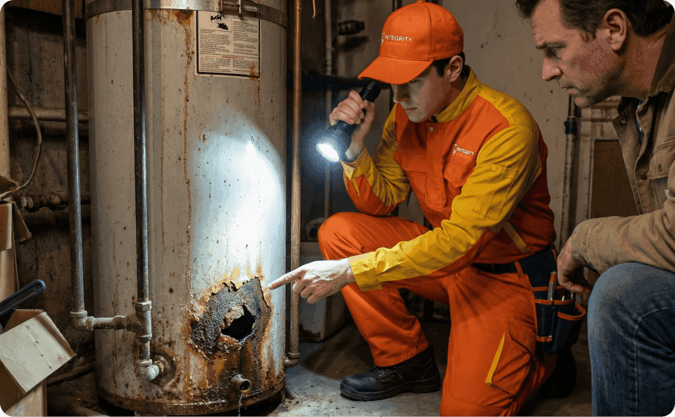 Plumber from Integrity Home Solutions pointing to rusted hole in a leaking old water heater, inspecting damage with flashlight for replacement service